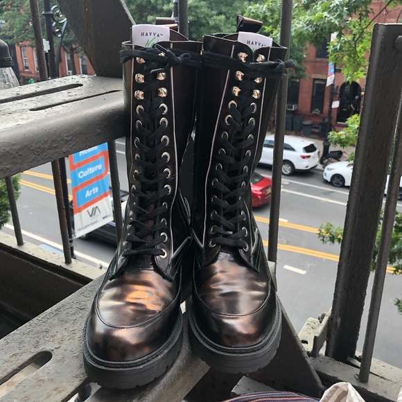 NWOT NWOB Havva Mustafa Metallic Oiled Bronze Black Lace Up Combat Boots - Picture 7 of 16